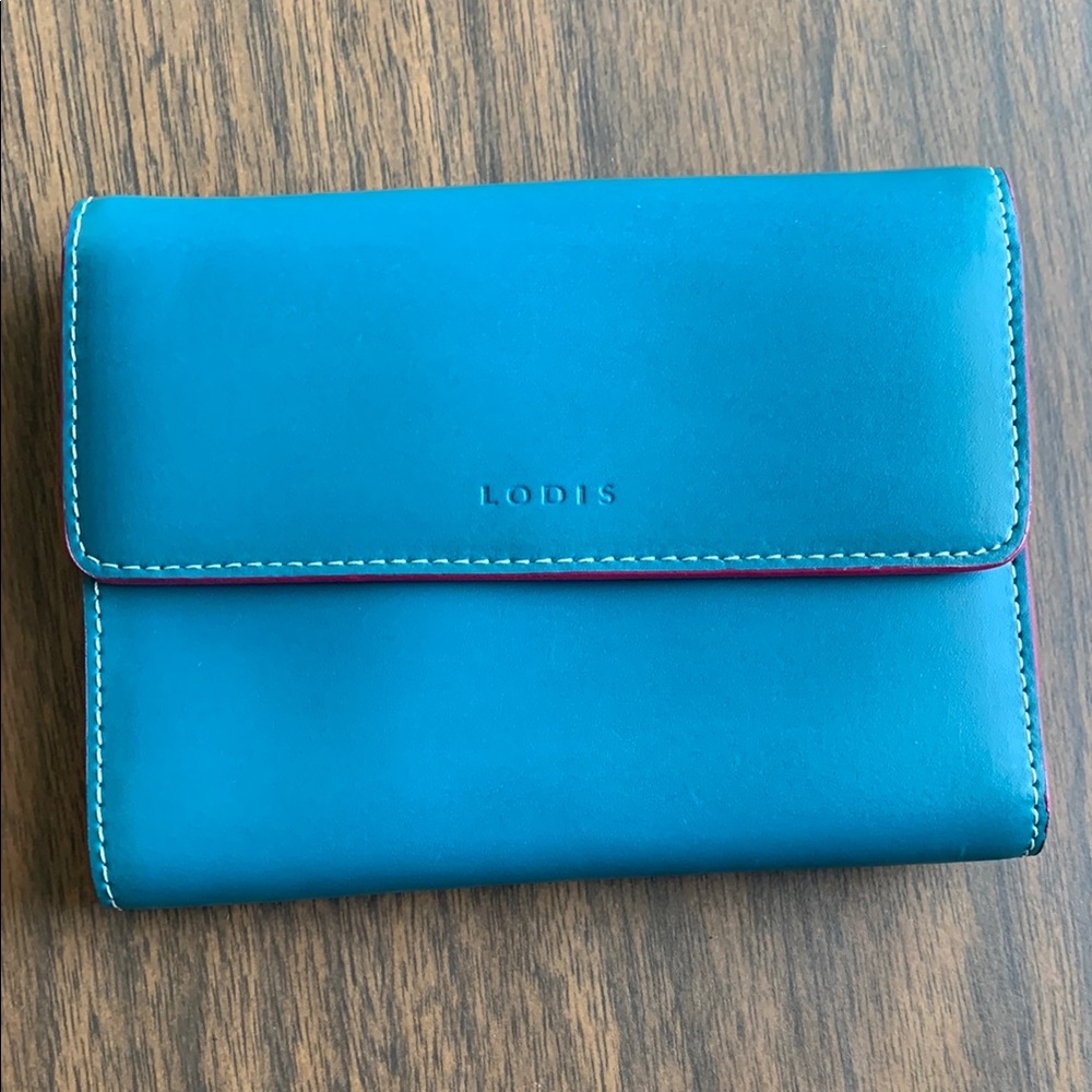 Lodis Blue Teal Pink Leather Wallet Billfold NWT